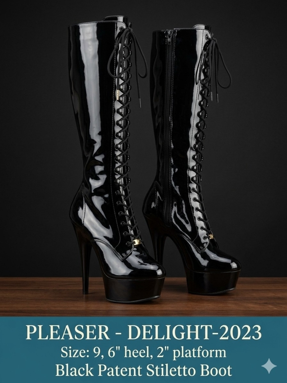 Pleaser Delight-2023 Black Patent Platform Boots - Size 9 US